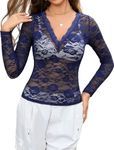 Avidlove Sheer Long Sleeve Tops for Women Floral Mesh Long Sleeve Top V Neck Mesh Shirt Tee Shirt Navy Blue S