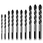 10-Piece Masonry Drill Bits Set for Tile Glass Ceramic Brick Wood, 1/8 to 1/2 Inch Drilling Bits with Triangle Handle, YG8 Tungsten Steel Alloy Tip.（Black）