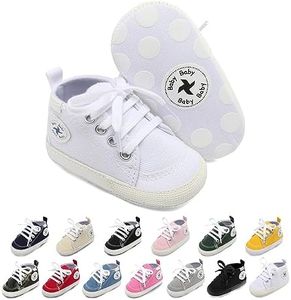 Baby Girls Boys Shoes Soft Anti-Slip Sole Newborn First Walkers High Top Canvas Denim Unisex Infant Sneaker, A01-white, 0-6 Months Infant