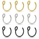 Lusofie 9Pcs Fake Nose Rings，Fake Nose Ring Hoop Stainless Steel Nose Hoop for Faux Lip Septum Nose Ring Set