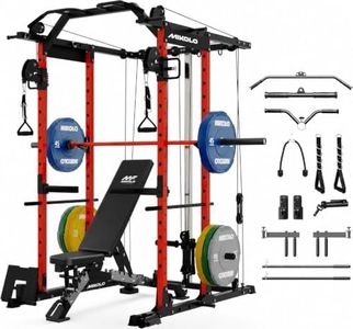Mikolo K6 Power Cage, Power Rack with Cable Crossover System, Home Gym Packages with Weight Bench, Olympic Barbell, 230b Weight Set-Red