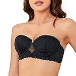 WingsLove Womens Push Up Strapless Bra Sexy Lace Underwire Lightly Lined Padded Balconette Bra(Black，38B)