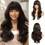 OUFEI 24"Dark Brown Wigs With Bangs Synthetic Heat Resistant Fiber Natural Long Wave Wigs for Women Daily Party Use