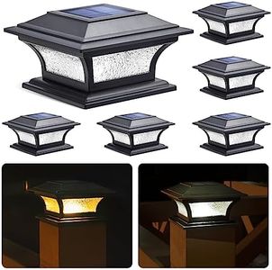 SIEDiNLAR Solar Post Cap Lights Outdoor Glass LED Fence Deck Light 2 Modes for 4x4 5x5 6x6 Wooden Vinyl Posts Patio Garden Decoration Warm White/Cool White Lighting Black (6 Pack)
