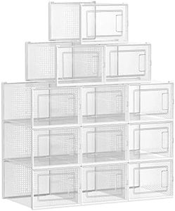 SONGMICS Shoe Boxes, Pack of 12 Stackable Shoe Storage Organisers, Foldable and Versatile for Sneakers, Fit up to UK Size 11.5, TTransparent and White LSP12MWT