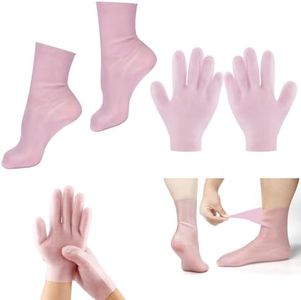 Moisturizing Socks & Gloves Set, Silicone Moisturizer Socks Gel Gloves Long Spa Socks Soft Aloe Gel Socks Foot Gel Socks Gloves for Dry Cracked Feet Hands Softening Calluses Foot Care(Pink)