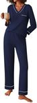 Ekouaer Women's Pajamas Sets 2 piece PJs V Neck Long Sleeve Sleepwear Comfy Pants Loungewear with PocketNavy Blue X-Large