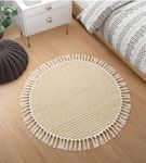 Lahome Boho Round Rug 3ft, Small Circle Rugs for Entryway Kitchen Cotton Washable Indoor Door Bath Mat with Tassels, Farmhouse Round Area Rug Non Shedding Circle Carpet for Bedroom Entry, Khaki