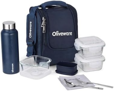 SOPL-OLIVEWARE Teso pro max Glassware Lunchbox with Steel Cutlery,Borosilicate Glass, Microwave & Freezer Safe, Set of 3 (320ml) Each, Plastic Pickle Box (130ml),Steel Water Bottle(750ml) - Blue