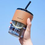 KELVEE Iced Coffee Cups With Lids And Straws,Thick Wall Glass Tumbler With Insulated Leather Sleeve,Cute Juice Mugs,Travel Sipper For Cocktail, Mocktail Cold & Hot Beverages Pack Of 1 (Grey), 400Ml