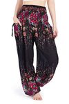 Lannaclothesdesign Harem Pants Women Plus Size Boho Clothes Hippie Costume (XXL, Black Flower)