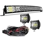 TERRAIN VISION LED Light Bar 32 Inch Curved Led Bar Off Road Light W/ 2pcs 4in 60W LED Pods Fog Lights with Wiring Harness Kit for Jeep Trucks Polaris ATV UTV Boat Light Bars