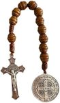 Saint Benedict Medal Prayer Pocket Rosary Catholic Brown Wood Beads with Medalla de san benitol and Crucifix, 9 Inch(Silver)