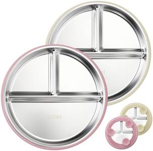 Stainless Steel Kids Plates with Suction, 9” Divided Baby Plates with Removable Silicone Sleeves, Non-Slip Toddler Plates Unbreakable Metal Toddler Bowls Dinnerware Set of 2 (Pink, Beige)