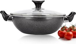AM Home and Kitchen: 32cm Induction Wok Non Stick with Lid | Versatile Frying Pan, Cookware, Saucepan, Paella Pan, Stock Pot, Stir-Fry & Griddle Pan Deep Pan, Glass Lid with Steam Vent