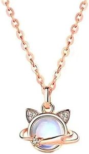 Bellitia Jewelry Moonstone Cosmic Cat Necklace Platinum Plated 925 Sterling Silver Animal Cat Chain Moonstone Pendant Necklace Jewellery Gifts for Women Girls, Lead, Moonstone