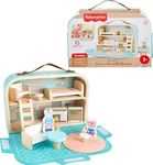 Fisher-Price Wood Pretend Play Toy Dollhouse Carry Along, 15-Piece Wooden Portable Playset for Travel Preschool Kids Ages 3+ Years 