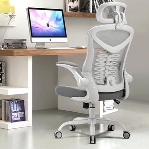 Magic Life Office Chair, Adjustable Desk Chair Flip-up Armrest, Rebound Seat Cushion, Breathable Mesh High Back, Comfortable Lumbar Support, Movable Headrest 360° Rotation, White