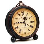 about SPACE Vintage Alarm Clock Round Silent Analog Table Clock Non-Ticking with Roman Numerals, Hanging Hook - Battery Powered for Home Office Students Kids Bedroom - Metal (Battery not Included)