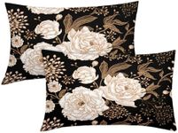 Vintage Peony Roses Floral Plant Lumbar Pillow Covers 12X20 Inch Set of 2 Chinoiserie White Flower Leaves Decorative Pillow Cases Black Gold Cushion Case Vintage Home Decor for Sofa Couch Outdoor