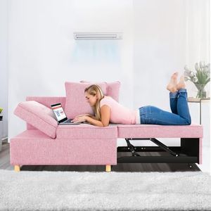 Sleeper Sofa, 4-in-1 Convertible Sofa Bed, 3-Seat Linen Fabric Love seat Couch with 2 Throw Pillow, Single Recliner for Small Space with 5 Adjustable Backrest, Pink