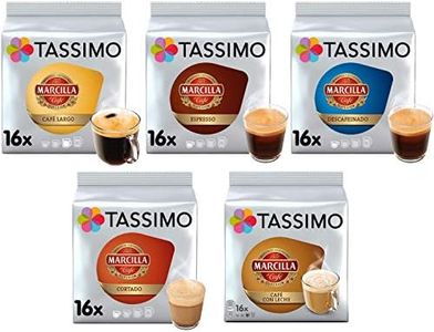 Tassimo Café Marcilla Café Selección - Marcilla Café con Leche/Cortado/Espresso/Café Largo/Espresso Descafeinado Cápsulas de Café - 5 Paquetes (80 Porciones)