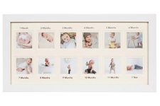 First Year Newborn Baby Collage Keepsake Picture Frame for Photo Memories with Double Beige Mat and Twelve 2.5x2.5 Slots - White