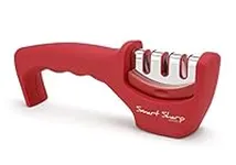 Lantana Smart Sharp Knife Sharpener - Professional 3 Stage Manual Sharpener for Sharpening Kitchen Knives - Ceramic Stone, Tungsten Carbide Plates, Diamond rods. Ergonomic Design, Red/Chrome Finish