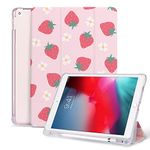 Seorsok 10.2 inch Case for iPad 9th/8th/7th Generation Case with Pencil Holder, Strawberry Print Tri-fold Stand Protective Cover with Auto Sleep Wake for iPad Case 10.2 inch 2021/2020/2019,Pink