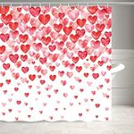 Hearts Shower Curtain, Valentines Day Falling Red Hearts Shower Curtains for Bathroom, Watercolor Heart Cloth Fabric Bathroom Decor Set 12PCS Hooks, 69X70IN