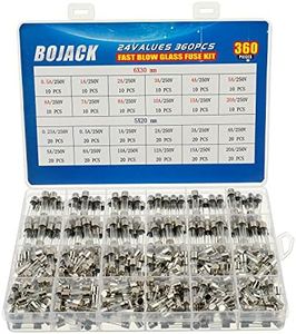 BOJACK 24 Values 360 pcs Fast-Blow Glass Fuses Assortment Kit 5x20mm 250V 0.25 0.5 1 2 3 4 5 8 10 12 15 20A 6x30mm 250V 0.5 1 2 3 4 5 6 7 8 10 15 20A amp packag in a Clear Plastic Box