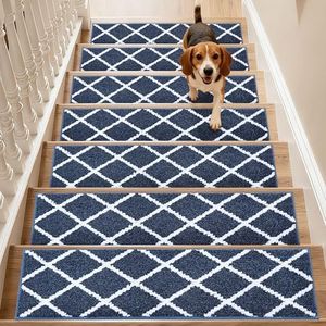 COSY HOMEER Edging Stair Treads Non-Slip Carpet Mat 28inX9in Indoor Stair Runners for Wooden Steps, Stair Rugs for Kids and Dogs, 100% Polyester TPE Backing 15pcs,Navy