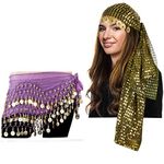 Tigerdoe Gypsy Costume Women - Gypsy Headpiece and Hip Scarf 2 PC Set - Belly Dance Costume - Gypsy Coin Belt, Black and Gold Head Scarf With Purple and Gold Hip Scarf, One Size