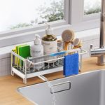 Kitchen Sink Caddy Organizer, Sponge Holder for Kitchen Sink with Auto Draining Tray, Dish Cloth Hanger, Rustproof 304 Stainless Steel Dish Organizer Divider, Soap Dispenser Storage (Silver)