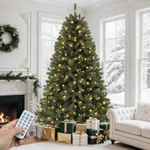 GOOBED Prelit Green Christmas Tree 7.5FT with Remote Control, Pre-Lit Green Artificial Hinged Spruce Christmas Tree with 1450 Tips, 550 LED Lights and 11 Light-Modes for Home, Party Decoration