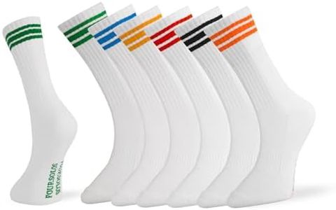 FOURSOLOS Women’s Athletic Socks – Soft, Breathable Mid-Calf Socks with Colorful Retro Stripes, 6-Pack White, Ideal for School, Sport, Home & Daily Wear (Size 6–9)