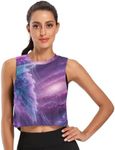 America Flag Womens Sleeveless Crop Tops Athletic Running Tank Tops, Jellyfish in Purple Space, Small