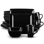 vancasso Plates and Bowls Set, Black Dinner Set for 4, Soho Stoneware Dinner Set 16-Piece Square Plates Set with Dinner Plates, Dessert Plates, Bowls and Mugs