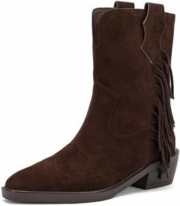 Rogerdream Tassel Cowgirl Boots, Women's Pointed Toe Mid Calf, Low Chunky Heel Brown Size 6.5