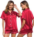 SWOMOG Womens Silk Satin Pajamas Set Short Sleeve Button Down Sleepwear Loungewear 2 Pcs Pj Sets Cherry Red X-Large