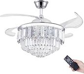 48" Crystal Ceiling Fan with Lights,Chandelier with Fan and Remote Control,Retractable Invisible Fandelier Ceiling Fan for Bedroom/Living Room Polished Modern Chrome Silver 6 Speed 3 Light