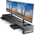 Meatanty Dual Monitor Stand Desk,Computer Riser with 2 Drawers,4 USB,Charging Pad.Metal Computer Monitor Stand with Storage.Office,Home Desk Organizer for PC iMac Christmas Gift for Friends Colleagues