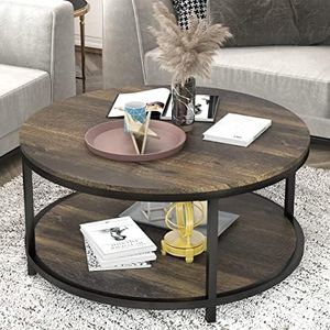 NSdirect 36 inches Round Coffee Table, Rustic Wooden Surface Top & Sturdy Metal Legs Industrial Sofa Table for Living Room Modern Design Home Furniture with Storage Open Shelf(Rustic Brown)