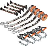 VULCAN 8-Point Roll Back Vehicle Tie Down Kit with Snap Hook on Strap Ends and Chain Tail on Ratchet Ends - Set of 4 - Silver Series