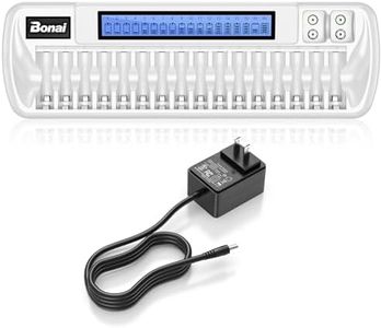 Bonai 16+2 Bay AA AAA 9V Battery Charger for NiMH NiCD Rechargeable Batteries Independent Control with Smart LCD Display and AC Wall Adapter, Battery not Included - White