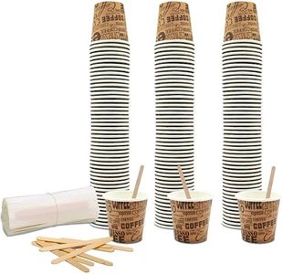 COFFISANO Juego de 150 vasos de café de 75 ml de papel marrones + 150 paletas de madera; vasos y paletas desechables reciclables, para restaurantes, oficinas, para llevar, bares, expreso