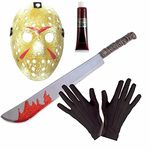 Mega_JumbleSale® Jason Voorhees Horror Hockey Scary Mask + Bloody Toy + Black Gloves + Fake Blood - Halloween Friday Killer House Survival - Escape From 911 Jason | Maniac Rush Cop Hunt