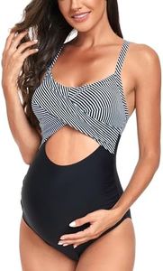 EastElegant Maternity Cutout One Piece Swimwear Front Cross Pregnancy Bathing Suit with Wrap Tie Back Black Stripes M