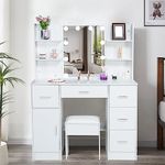White Makeup Vanity Desk with Lights & Drawers, Makeup Vanity Dressing Table with 5 Drawers & 1 Cabinet, Vanity Set with Lighted Mirror & Cushioned Stool for Bedroom