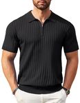 COOFANDY Men's Zipper Polo Shirts Short Sleeve Ribbed Knit Polo T Shirts Fashion Casual Golf Shirts Black